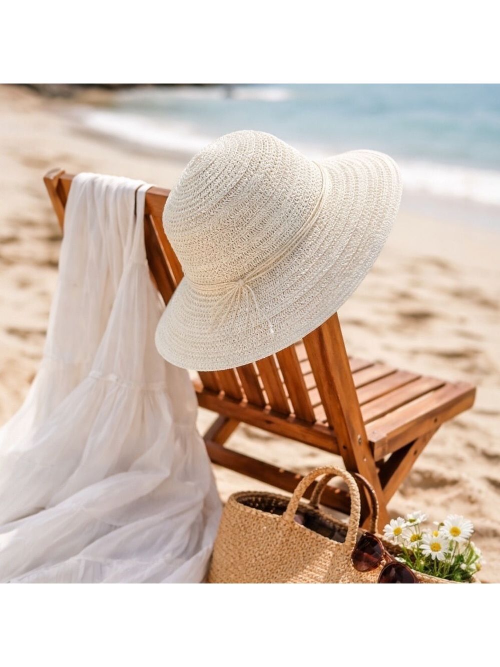Sun Hat White Crochet Straw Bucket Hat Beach Resort Summer Vacation